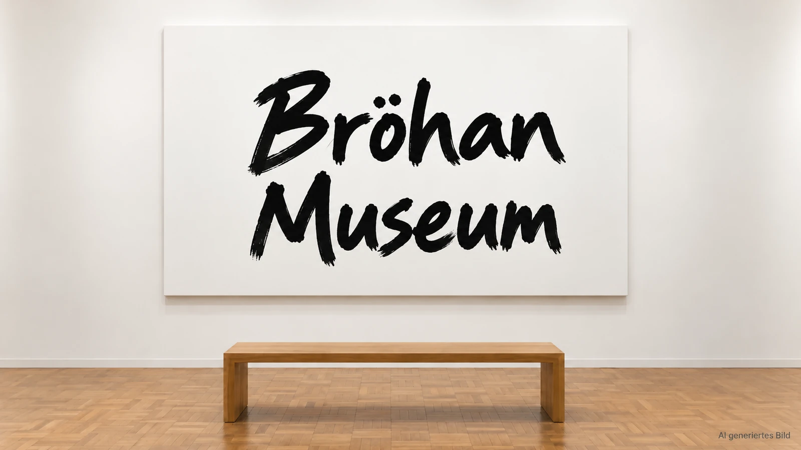 Weiße Leinwand mit dem Namen Bröhan Museum in schwarzer Handschrift über einer Holzbank