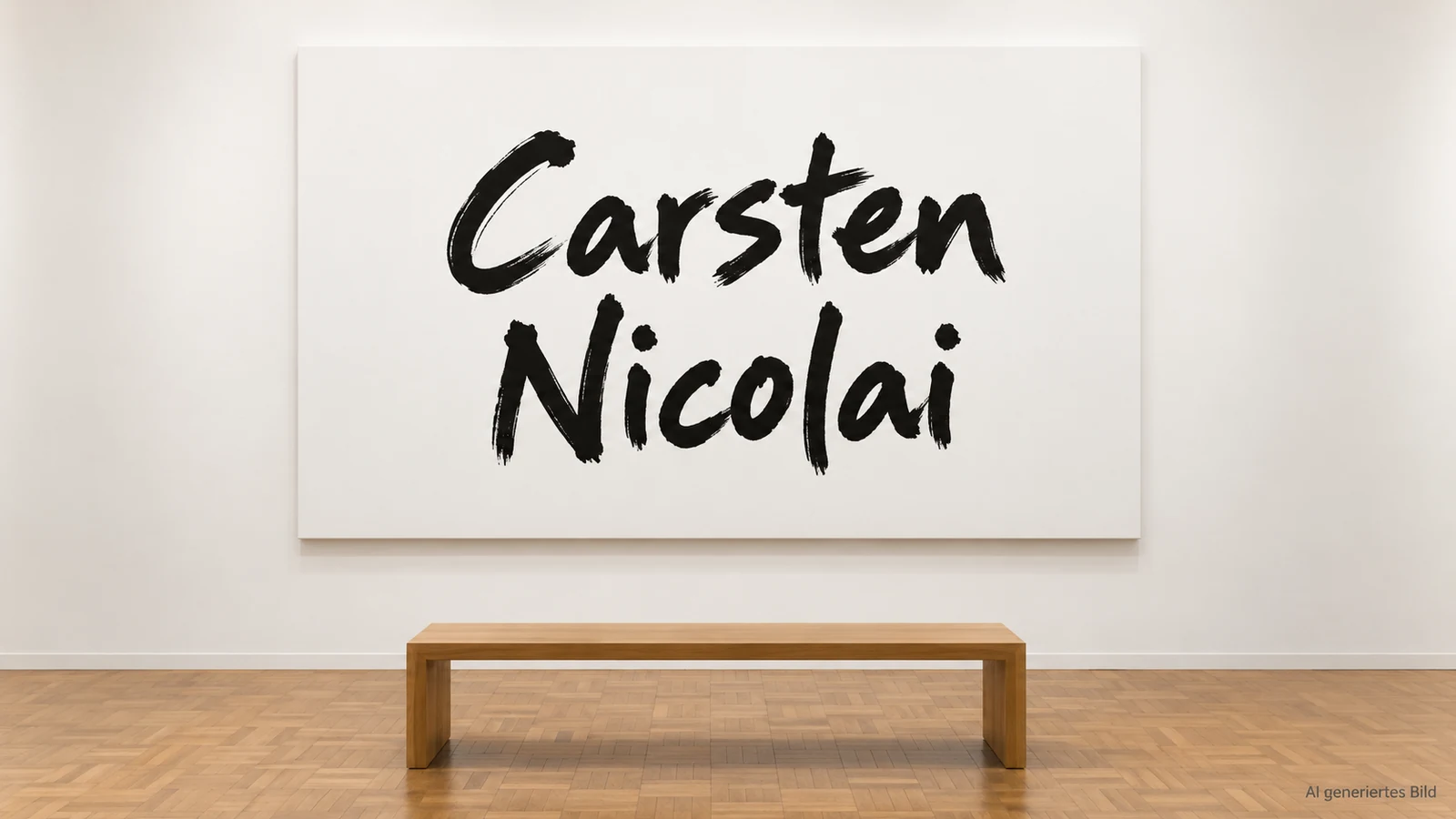 Weiße Leinwand mit dem schwarzen handgeschriebenen Namen Carsten Nicolai über einer Holzbank