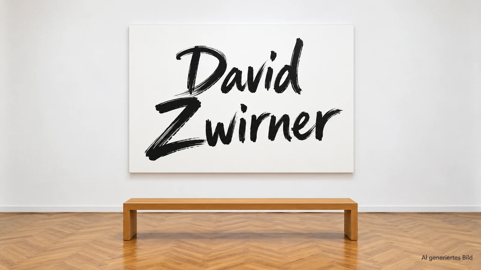 Weiße Leinwand mit dem Namen David Zwirner in schwarzer Pinselschrift über einer Holzbank