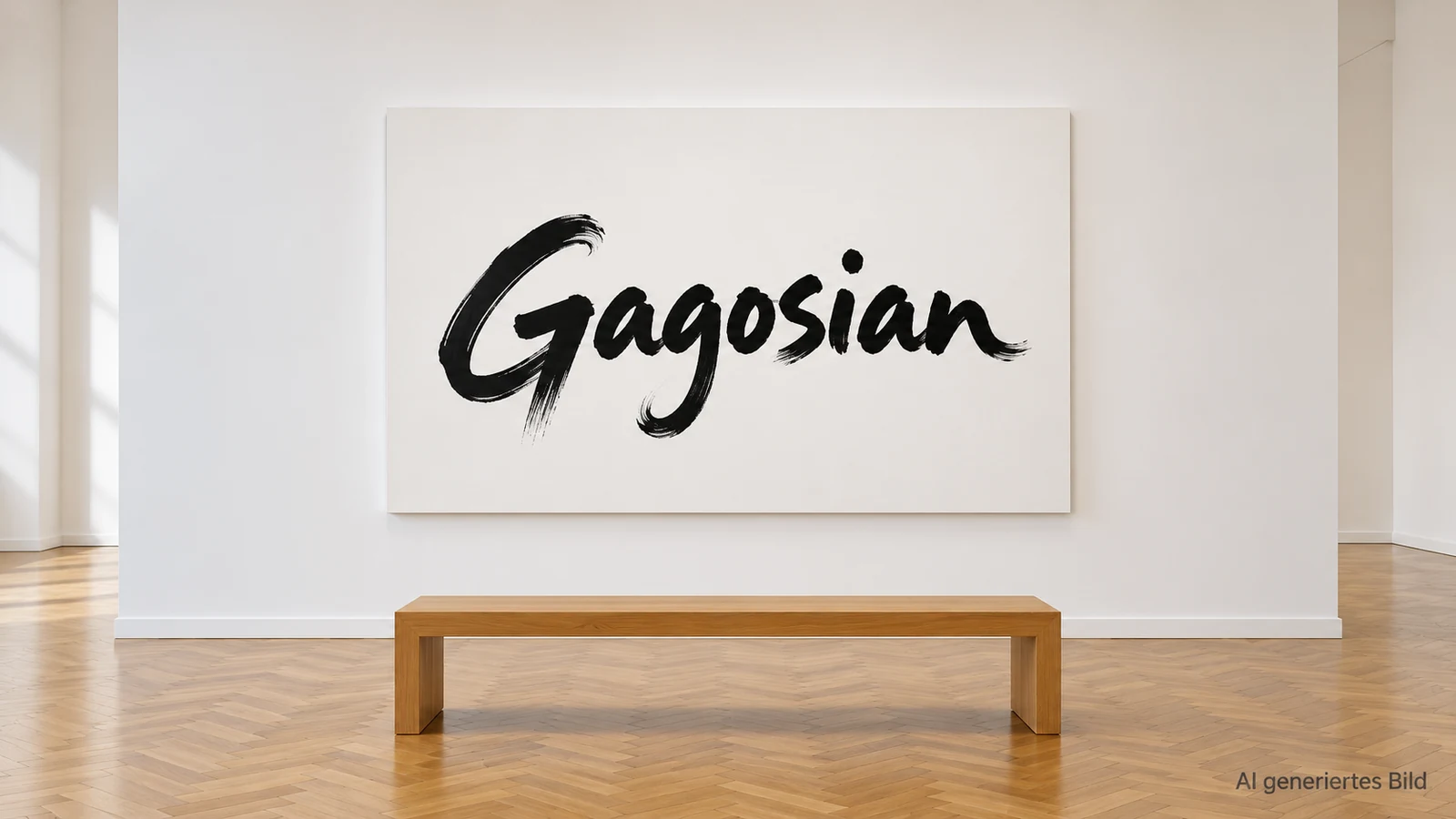 Weiße Leinwand mit dem Namen Gagosian in schwarzer Pinselschrift über einer Holzbank