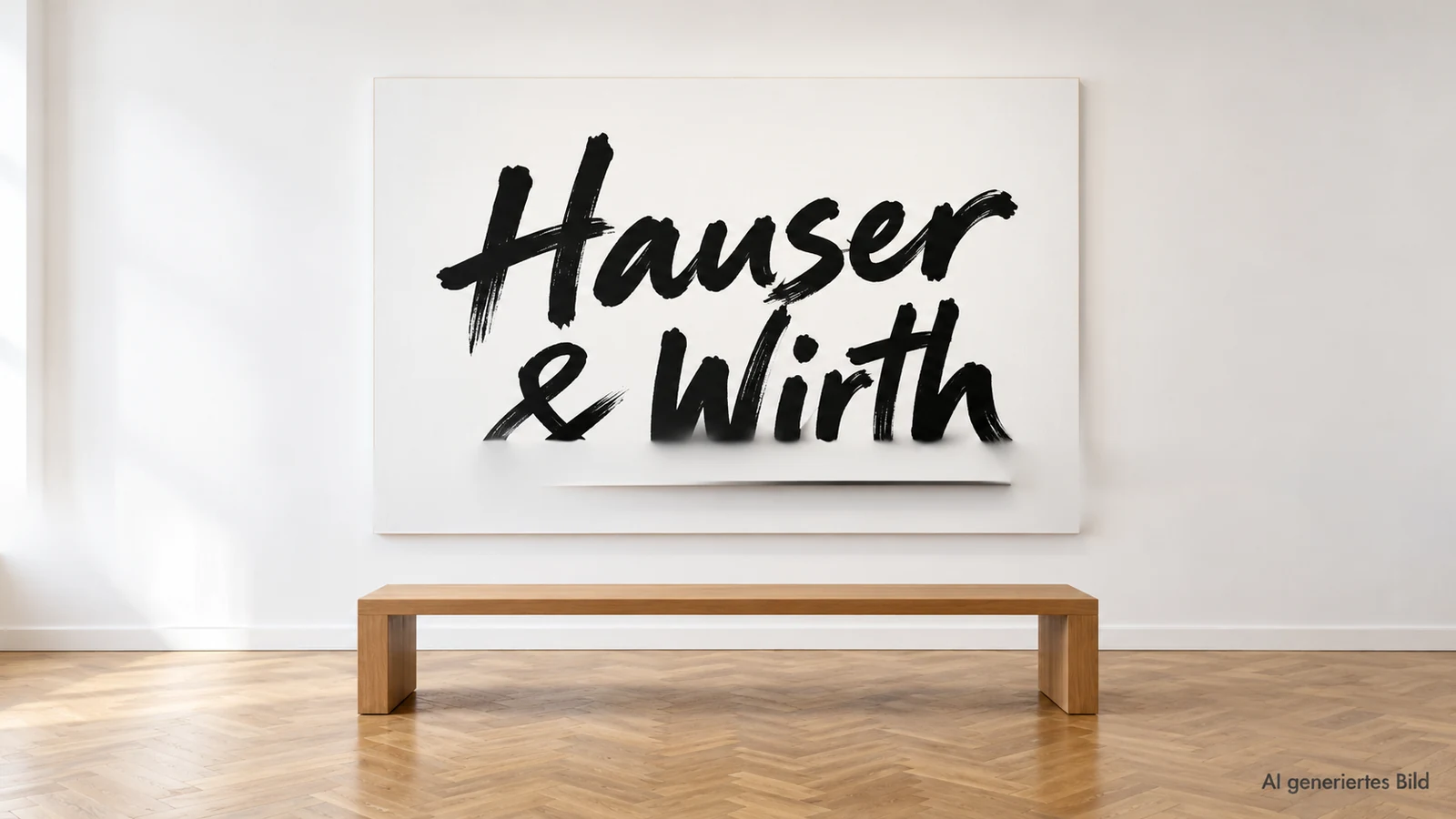 Weiße Leinwand mit dem Namen Hauser & Wirth in schwarzer Pinselschrift über einer Holzbank