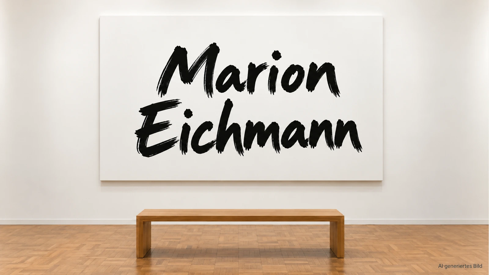 Weiße Leinwand mit dem Namen Marion Eichmann in schwarzer Pinselschrift über einer Holzbank