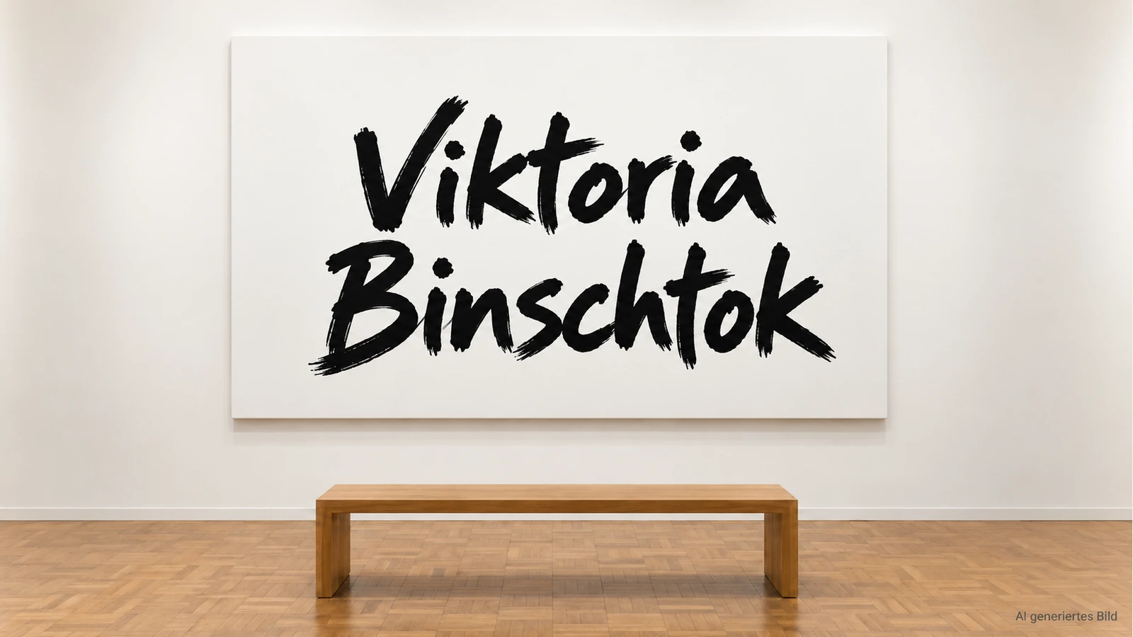 Weiße Leinwand mit dem Namen Viktoria Binschtok in schwarzer Pinselschrift über einer Holzbank