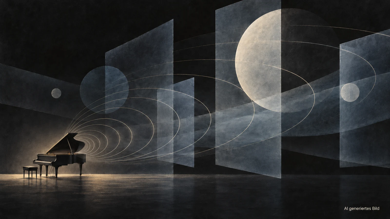 Flügel mit feinen Klanglinien und geometrischen Flächen: KI-Illustration zu Ryuichi Sakamoto